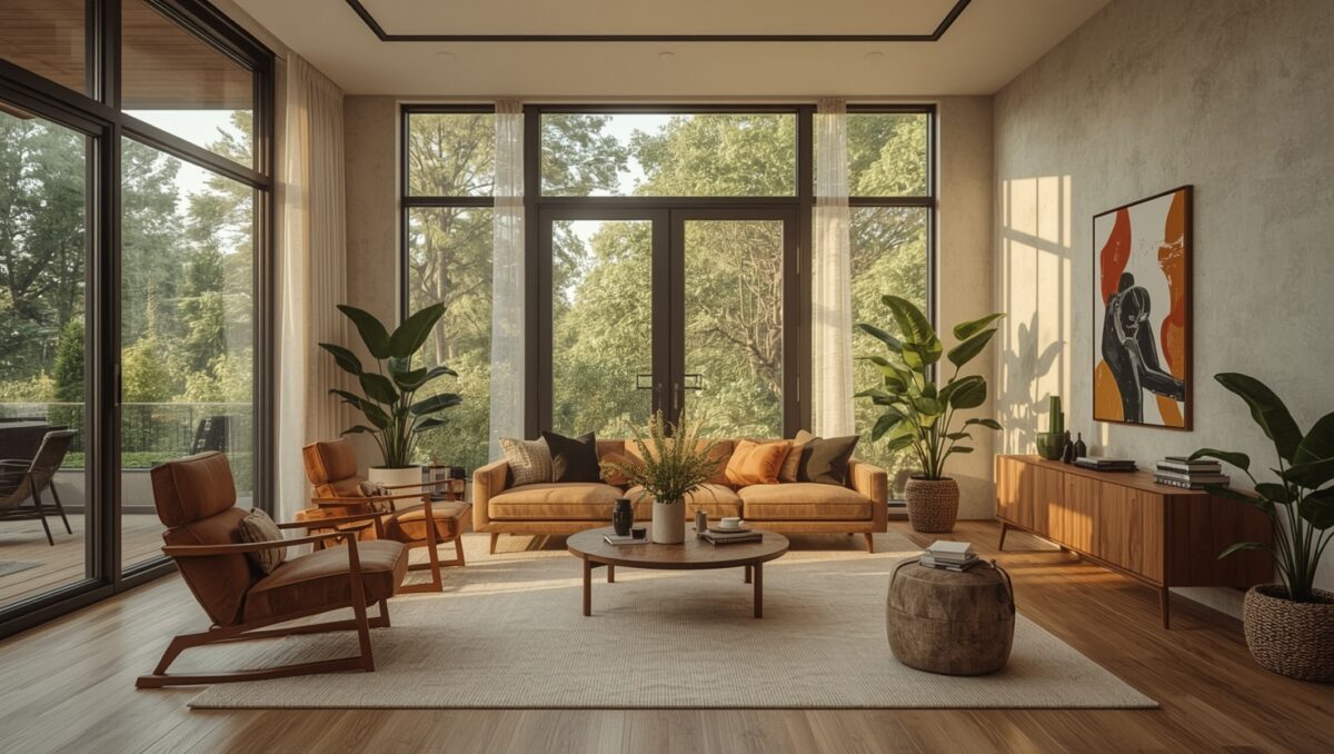 Modernes helles Wohnzimmer mit zeitgemäßem Design und großen Fenstern