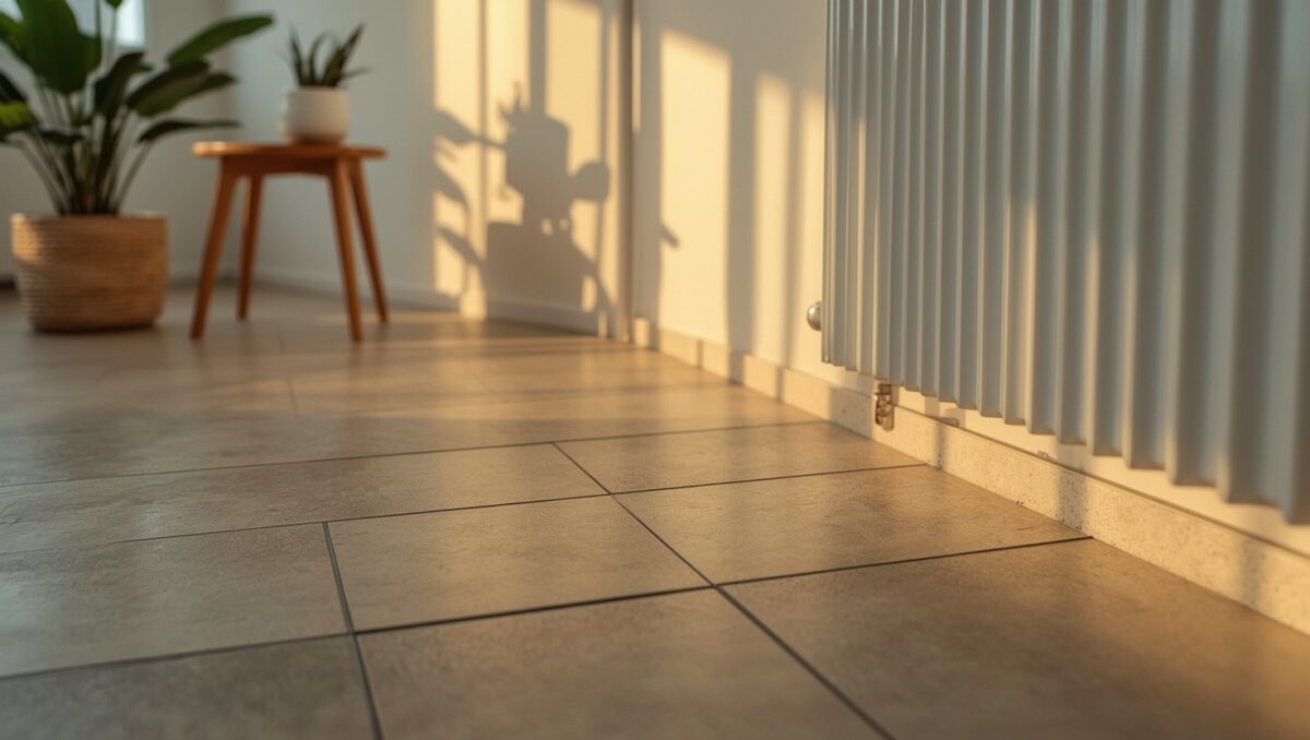 Moderne Fliesen, Heizkörper und warmes Licht in einem hellen Wohnraum