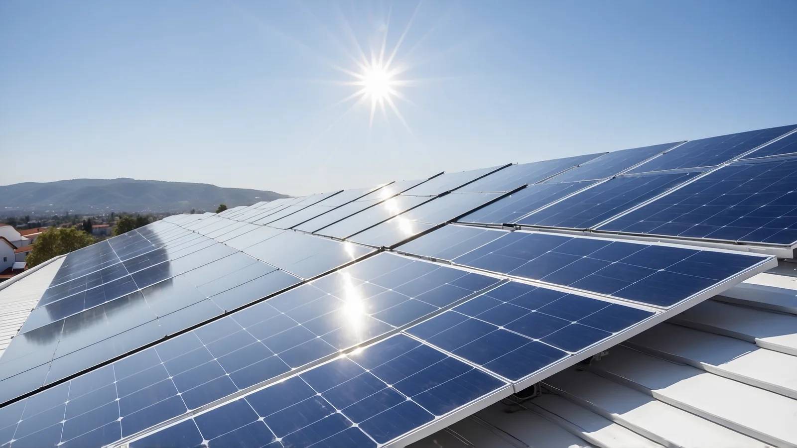 Solarmodule auf einem Hausdach im Sonnenlicht