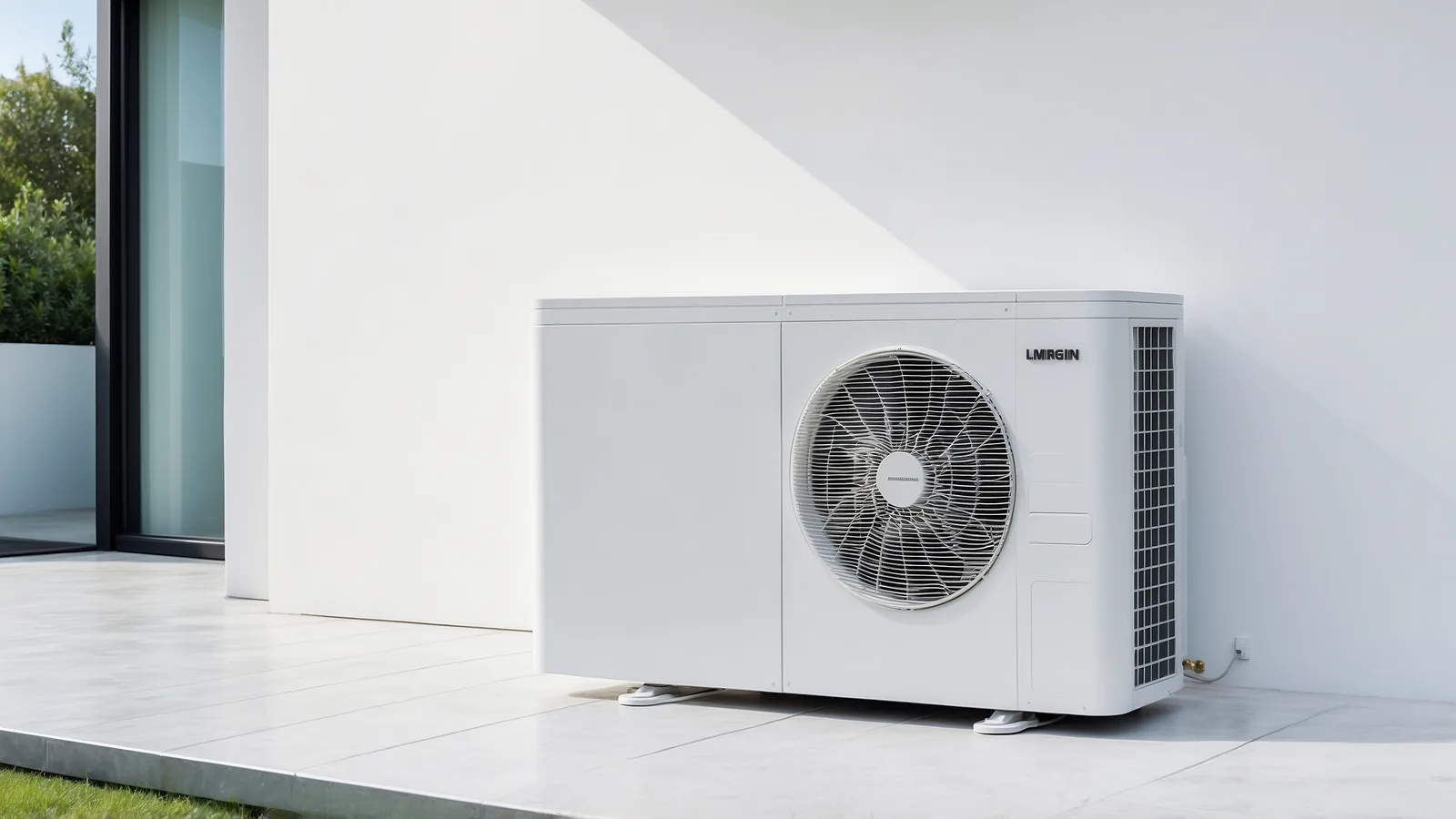 Außeneinheit einer Luft-Wärmepumpe an einer modernen Hauswand