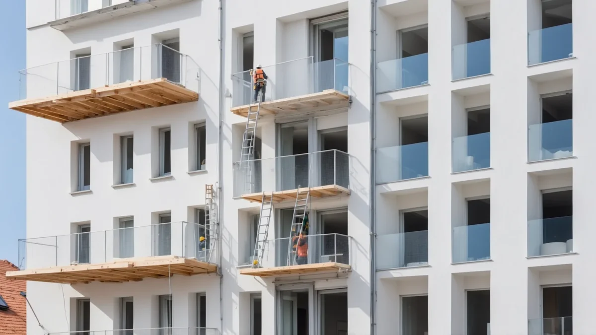 Fassade mit teilweise montierten Dämmplatten und Gerüst